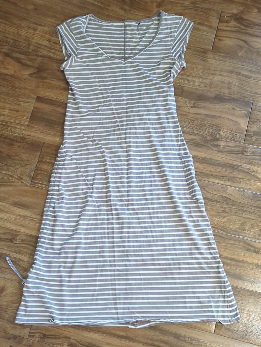 Toad&Co Muse Midi Grey and White Striped V-Neck Dress